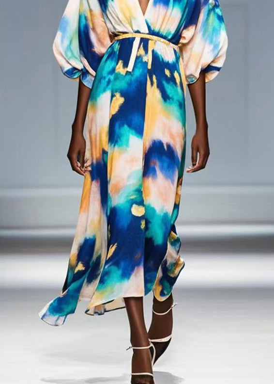 Bobo Blue Tie Dye Chiffon Dress V Neck Lantern Sleeve