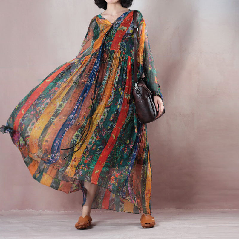 Style Yellow Silk Sundress V Neck Long Sleeve Long Dress Extra Large Hem Summer Maxi Dress