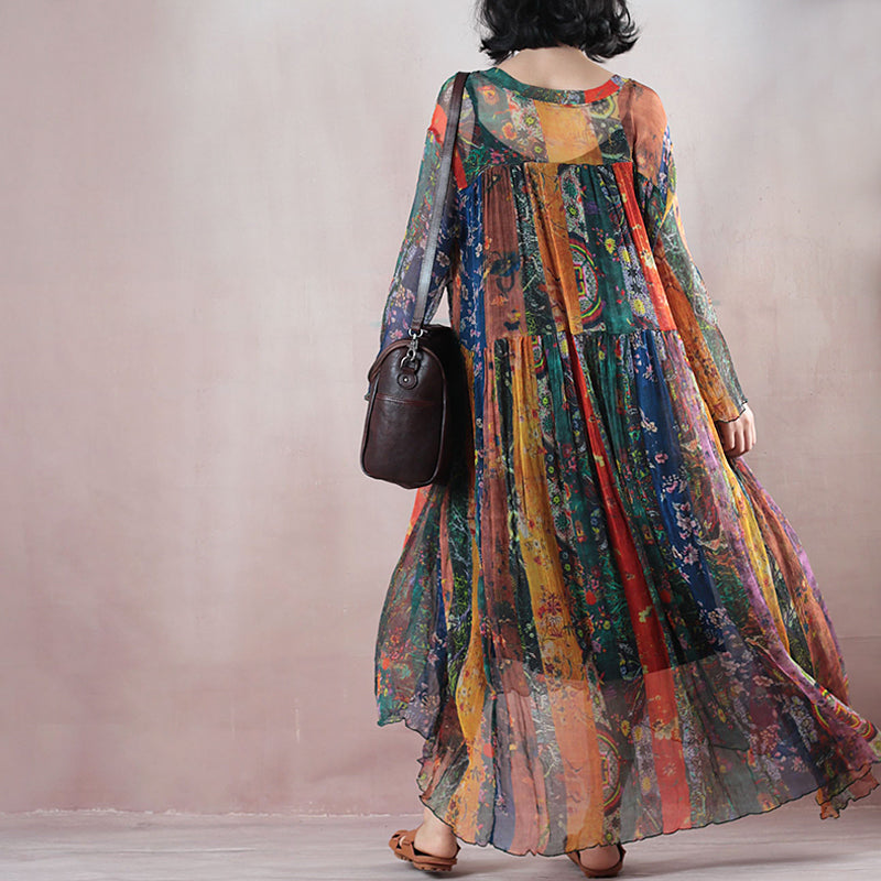 Style Yellow Silk Sundress V Neck Long Sleeve Long Dress Extra Large Hem Summer Maxi Dress