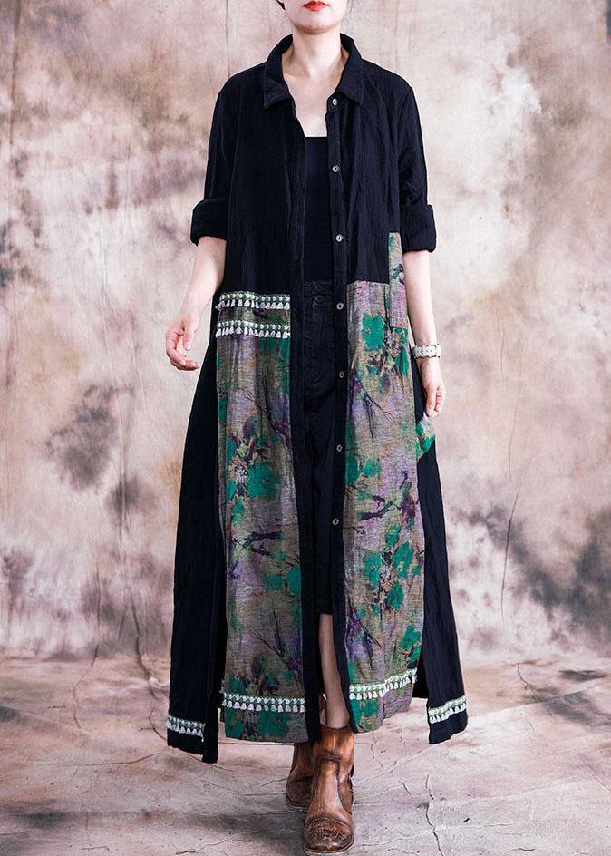 Boutique Loose Fitting Winter Coat Fall Green Print Lapel Patchwork Coat