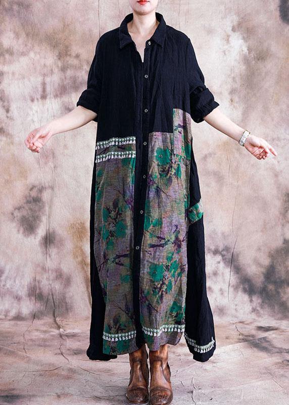 Boutique Loose Fitting Winter Coat Fall Green Print Lapel Patchwork Coat