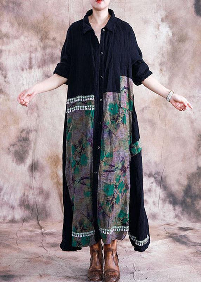 Boutique Loose Fitting Winter Coat Fall Green Print Lapel Patchwork Coat