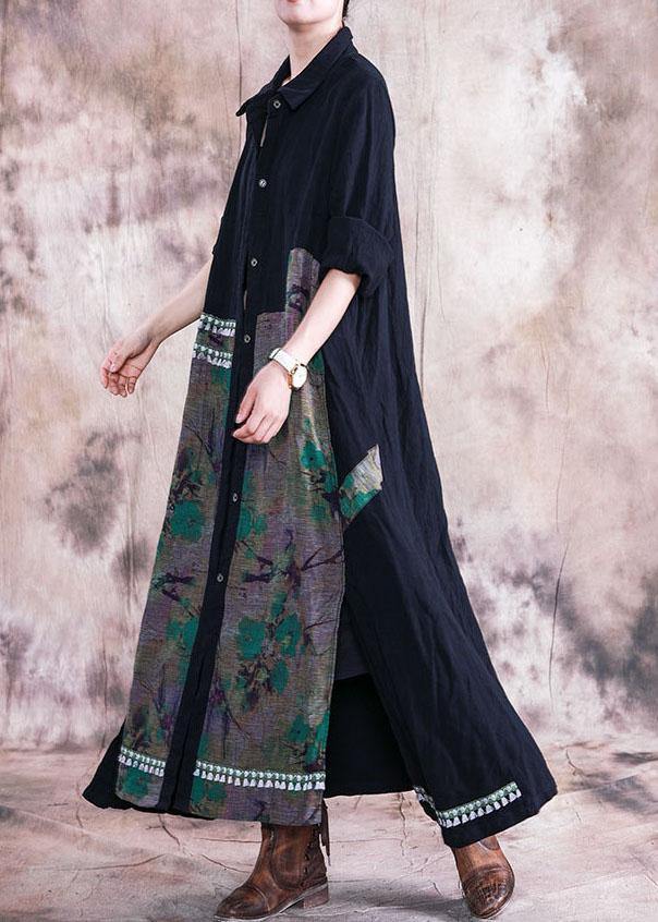 Boutique Loose Fitting Winter Coat Fall Green Print Lapel Patchwork Coat