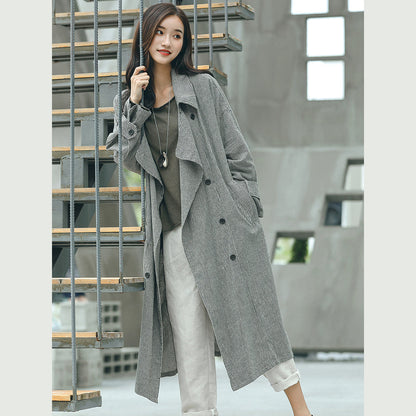 Boutique Plaid Coat Notched Tie Waist Maxi Coat New Double Breasted Long Coat