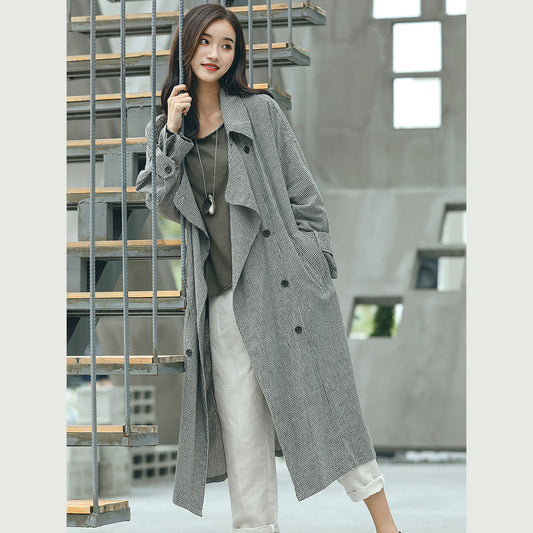 Boutique Plaid Coat Notched Tie Waist Maxi Coat New Double Breasted Long Coat