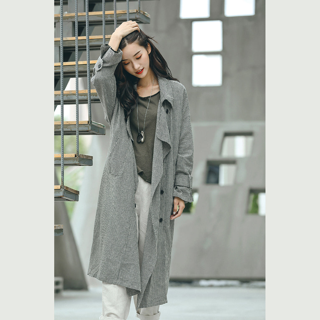 Boutique Plaid Coat Notched Tie Waist Maxi Coat New Double Breasted Long Coat