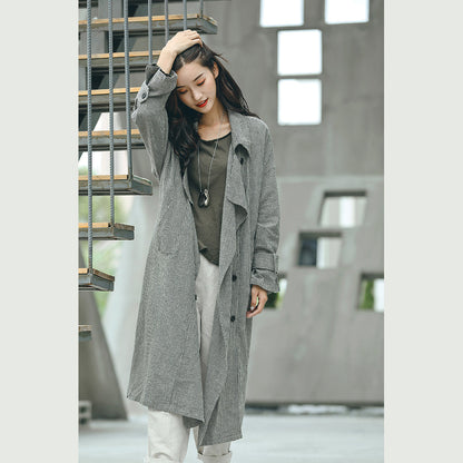Boutique Plaid Coat Notched Tie Waist Maxi Coat New Double Breasted Long Coat