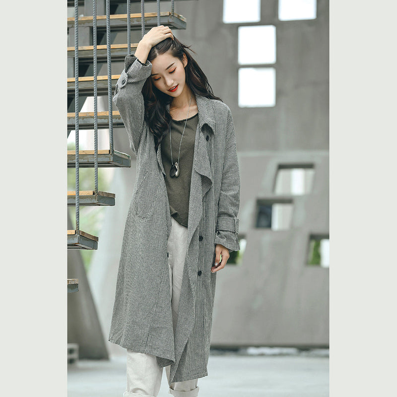 Boutique Plaid Coat Notched Tie Waist Maxi Coat New Double Breasted Long Coat