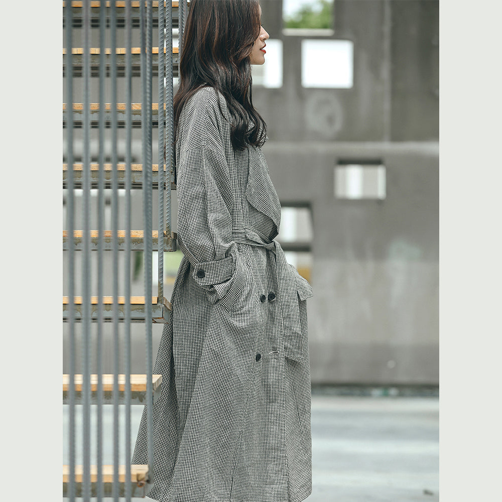 Boutique Plaid Coat Notched Tie Waist Maxi Coat New Double Breasted Long Coat