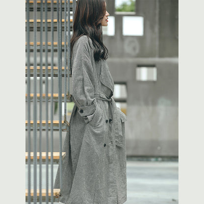 Boutique Plaid Coat Notched Tie Waist Maxi Coat New Double Breasted Long Coat
