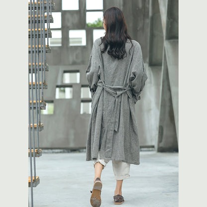Boutique Plaid Coat Notched Tie Waist Maxi Coat New Double Breasted Long Coat