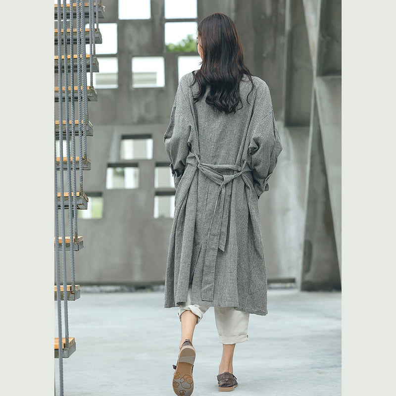 Boutique Plaid Coat Notched Tie Waist Maxi Coat New Double Breasted Long Coat