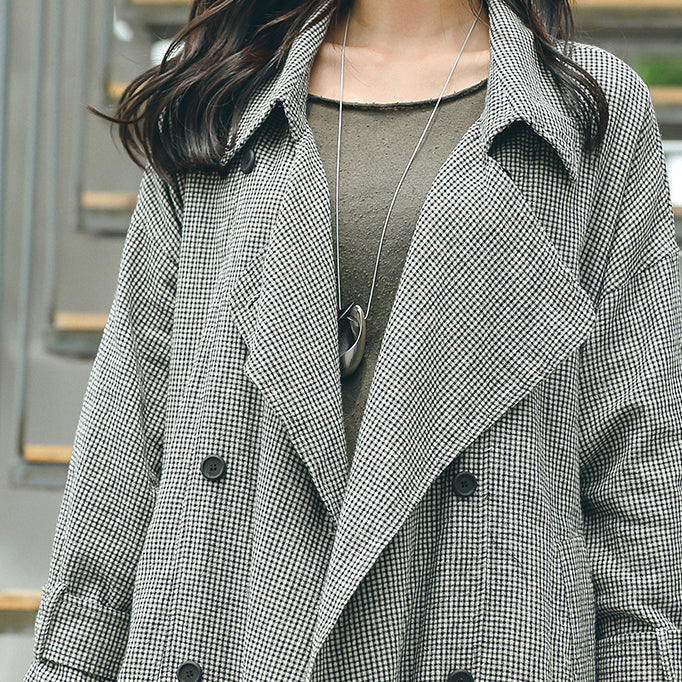 Boutique Plaid Coat Notched Tie Waist Maxi Coat New Double Breasted Long Coat