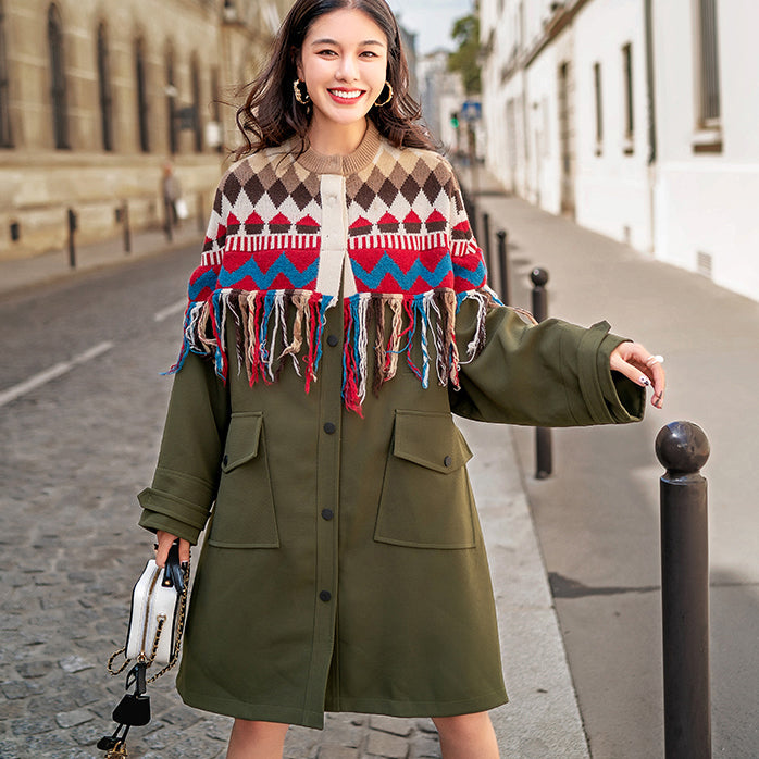 Boutique Army Green Patchwork Plaid Winter Coat Oversize O Neck Pockets Coats