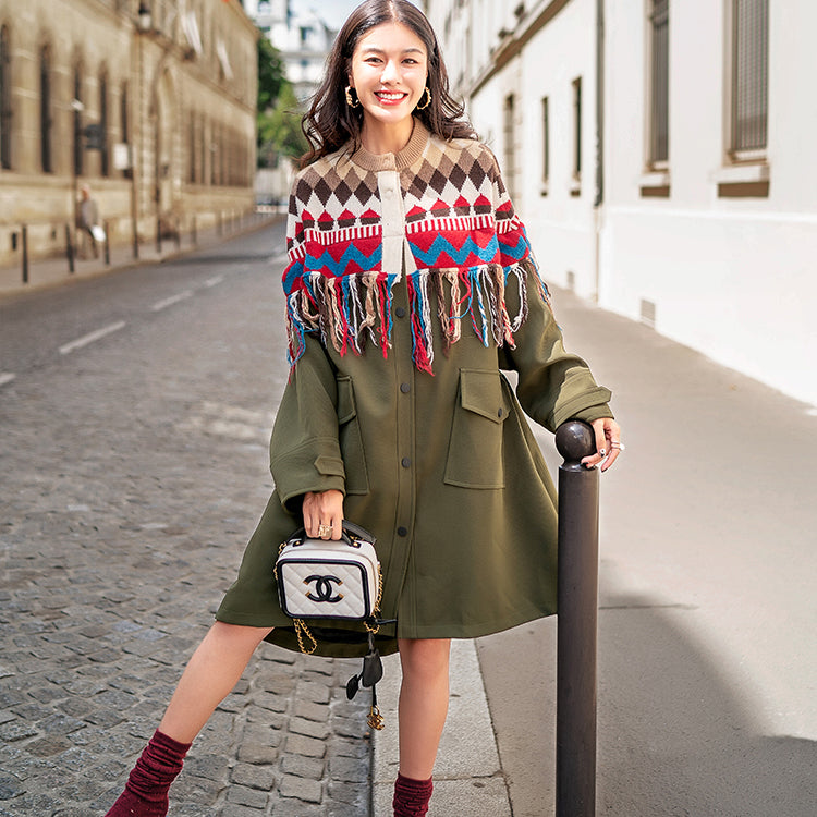 Boutique Army Green Patchwork Plaid Winter Coat Oversize O Neck Pockets Coats