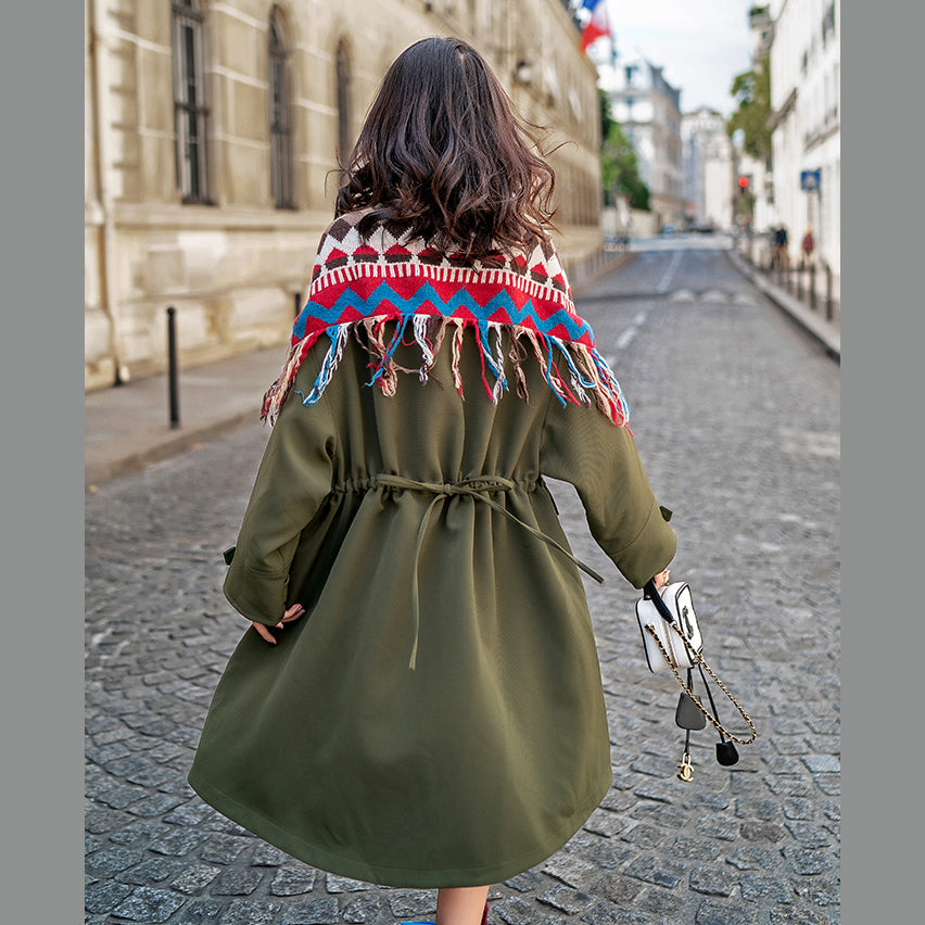 Boutique Army Green Patchwork Plaid Winter Coat Oversize O Neck Pockets Coats