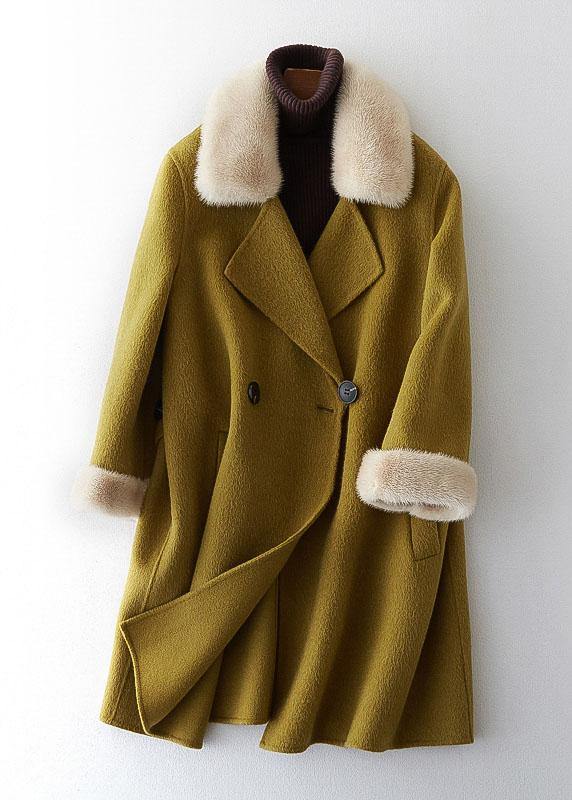 Boutique Beige Woolen Coats Oversize Medium Length Jackets Fur Collar Coat Double Breast