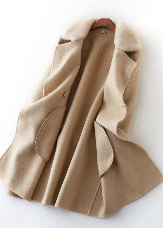 Boutique Beige Woolen Coats Oversize Medium Length Jackets Fur Collar Coat Double Breast