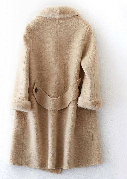 Boutique Beige Woolen Coats Oversize Medium Length Jackets Fur Collar Coat Double Breast