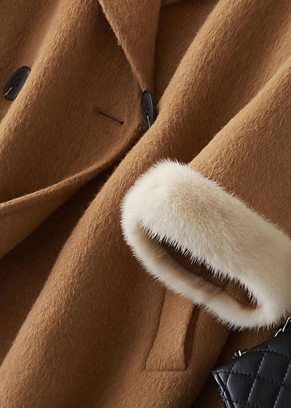 Boutique Beige Woolen Coats Oversize Medium Length Jackets Fur Collar Coat Double Breast
