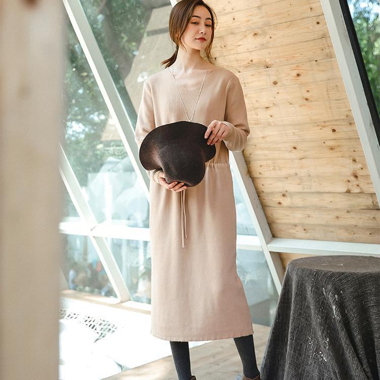 Boutique Beige Knit Loose Fitting V Neck Spring Dresses Fine Drawstring Long Knit Sweaters