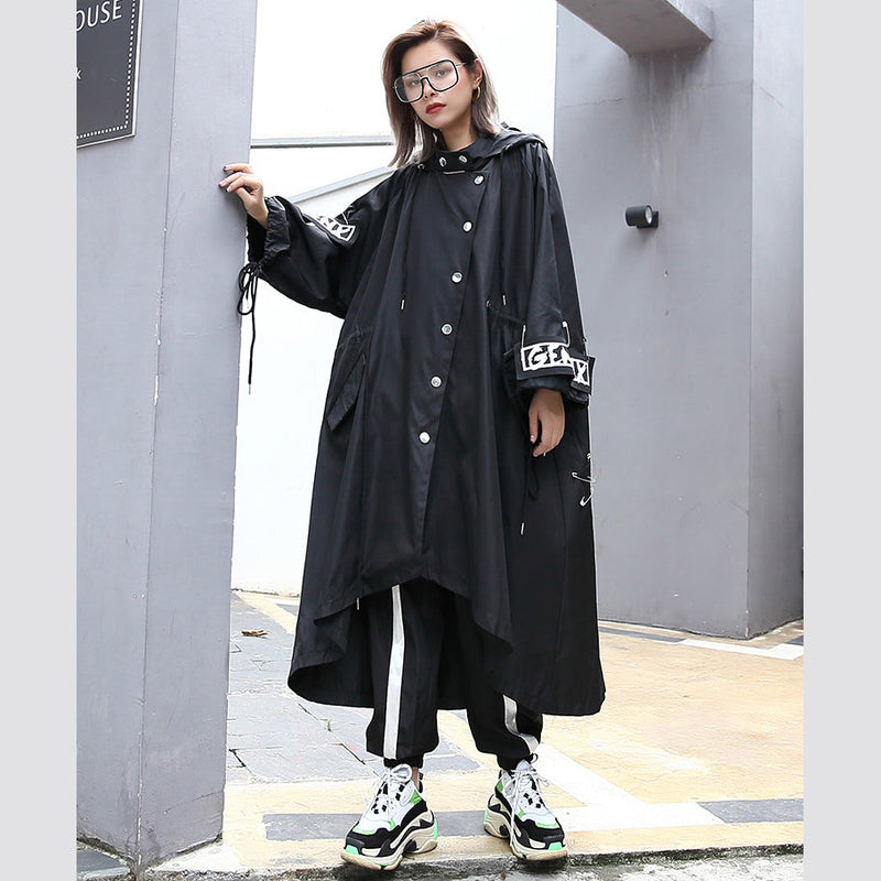 Boutique Black Coat Oversize Hooded Coat Batwing Sleeve Asymmetrical Design Coats
