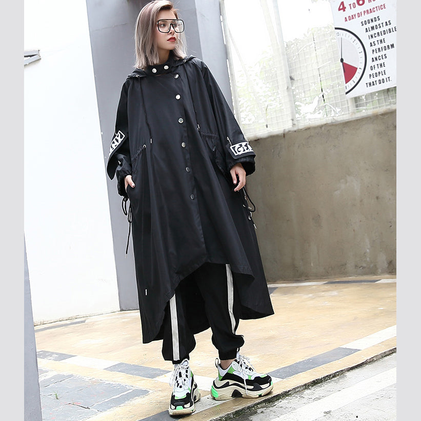 Boutique Black Coat Oversize Hooded Coat Batwing Sleeve Asymmetrical Design Coats