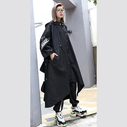 Boutique Black Coat Oversize Hooded Coat Batwing Sleeve Asymmetrical Design Coats
