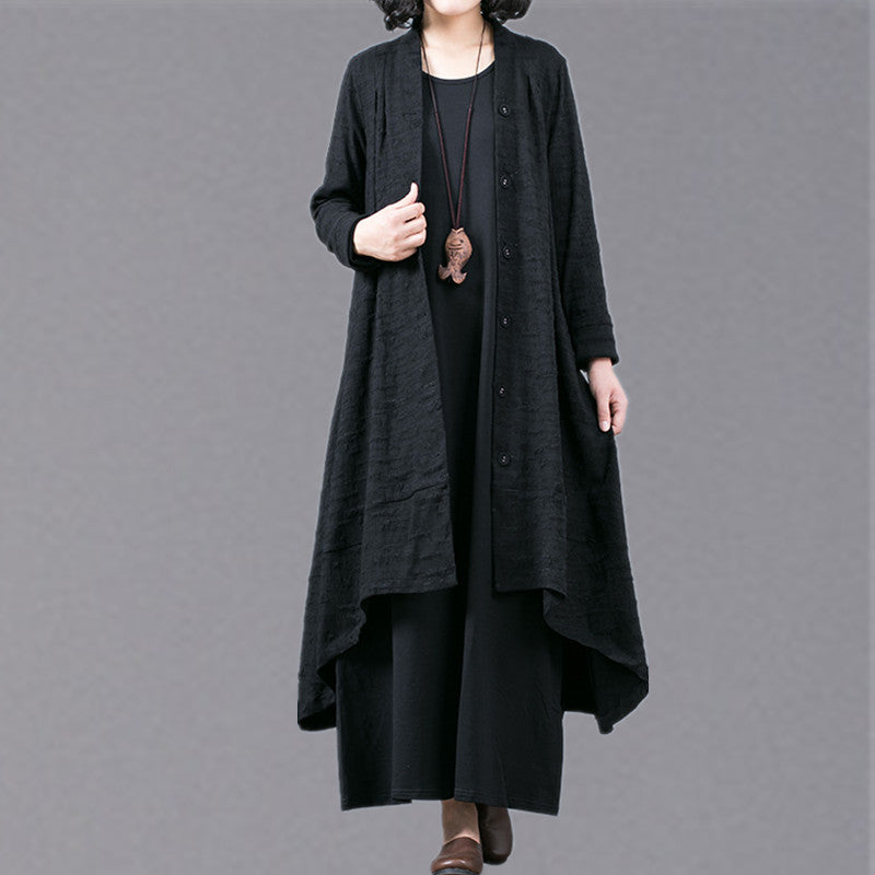 Boutique Black Jacquard Coats Oversize Baggy Large Hem Asymmetrical Design Outwear Patchwork Maxi Coat