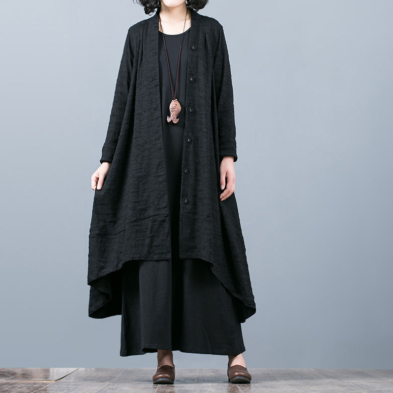 Boutique Black Jacquard Coats Oversize Baggy Large Hem Asymmetrical Design Outwear Patchwork Maxi Coat