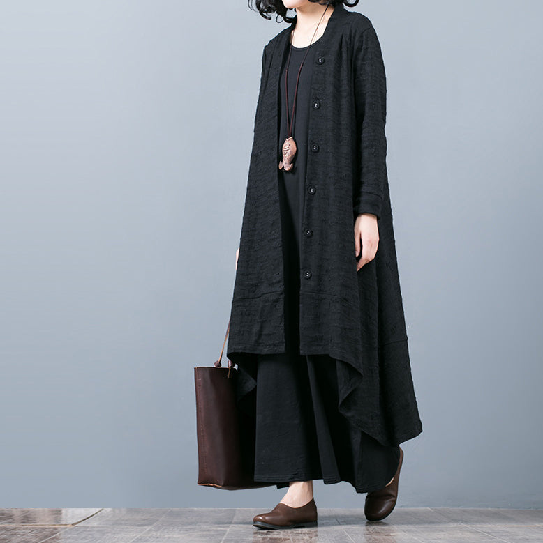 Boutique Black Jacquard Coats Oversize Baggy Large Hem Asymmetrical Design Outwear Patchwork Maxi Coat