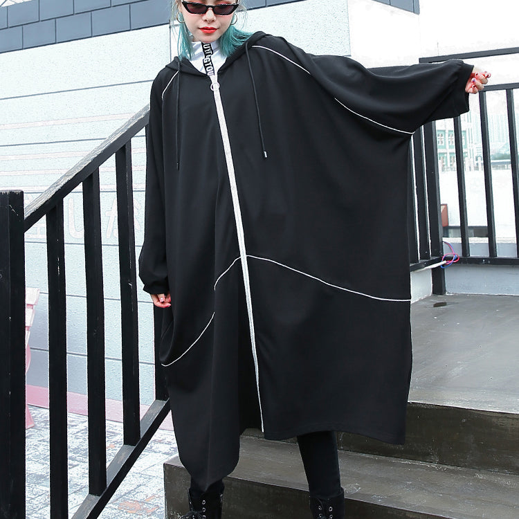Boutique Black Winter Coat Oversized Hooded New Batwing Sleeve Asymmetrical Design Coat