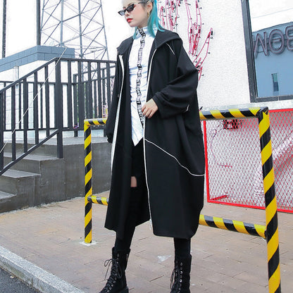 Boutique Black Winter Coat Oversized Hooded New Batwing Sleeve Asymmetrical Design Coat
