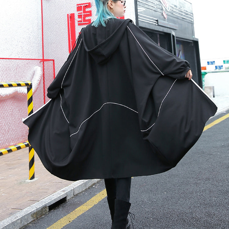 Boutique Black Winter Coat Oversized Hooded New Batwing Sleeve Asymmetrical Design Coat
