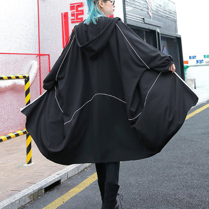 Boutique Black Winter Coat Oversized Hooded New Batwing Sleeve Asymmetrical Design Coat