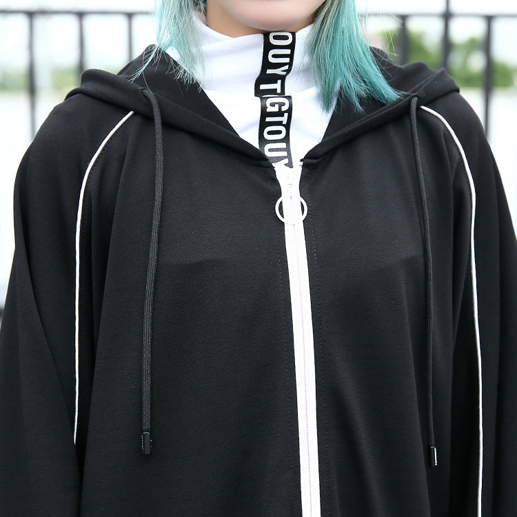 Boutique Black Winter Coat Oversized Hooded New Batwing Sleeve Asymmetrical Design Coat