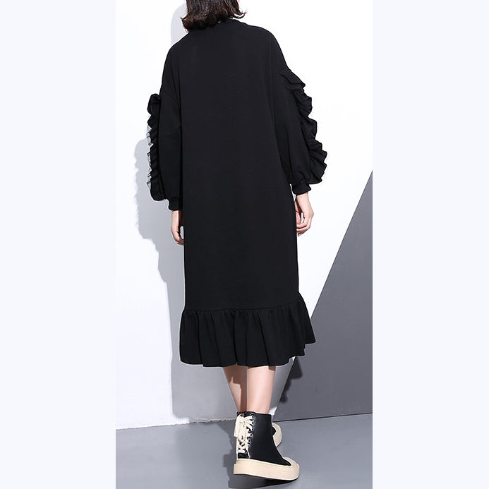 Boutique Black Autumn Cotton Dress O Neck Cotton Clothing Dress Long Sleeve Cinched Maxi Dresses