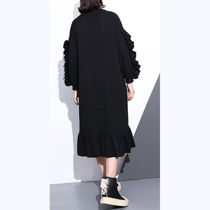 Boutique Black Autumn Cotton Dress O Neck Cotton Clothing Dress Long Sleeve Cinched Maxi Dresses