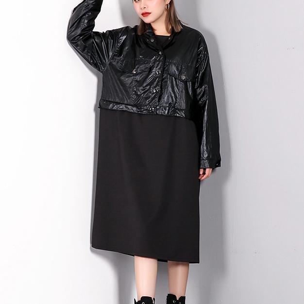 Boutique Black Caftans Stand Collar Gown Fine Patchwork False Two Pieces Maxi Dresses