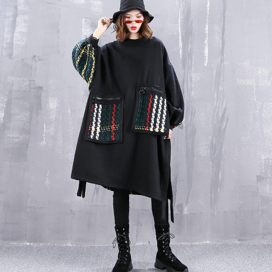 Boutique Black Coat O Neck Patchwork Maxi T Shirts Pockets Side Open Tops