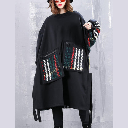 Boutique Black Coat O Neck Patchwork Maxi T Shirts Pockets Side Open Tops