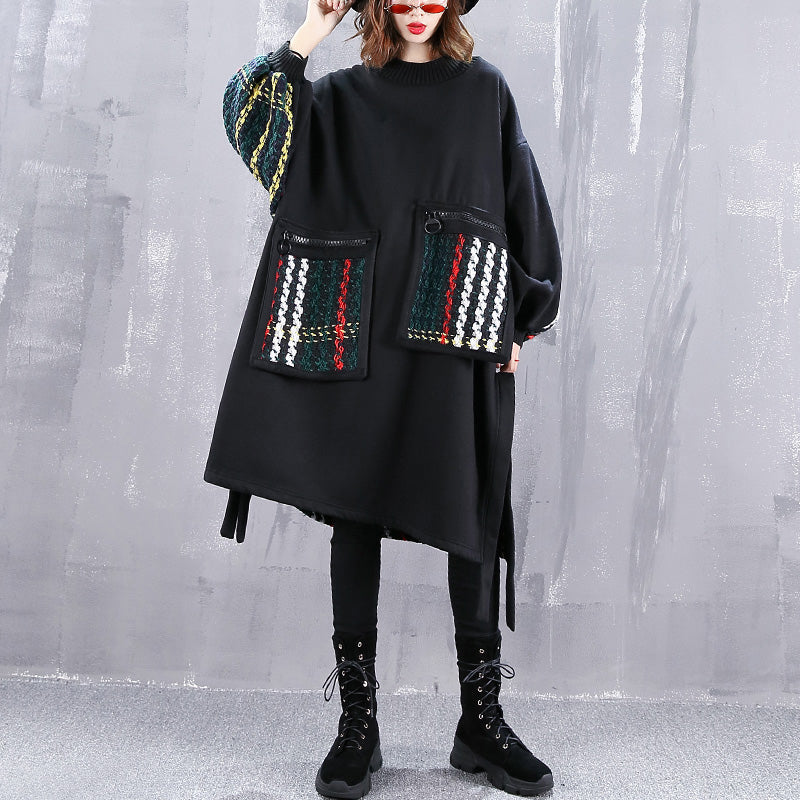 Boutique Black Coat O Neck Patchwork Maxi T Shirts Pockets Side Open Tops