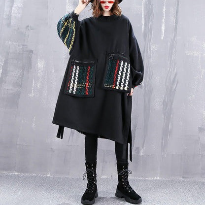 Boutique Black Coat O Neck Patchwork Maxi T Shirts Pockets Side Open Tops