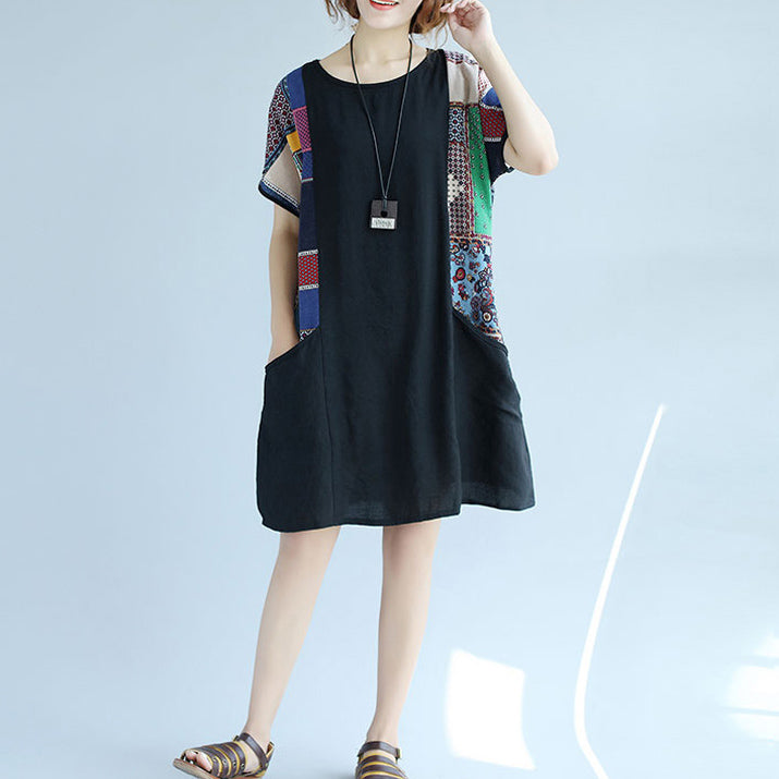 Boutique Black Cotton Shift Dress Dress Big Pockets Patchwork Knee Dresses