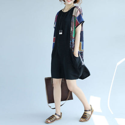 Boutique Black Cotton Shift Dress Dress Big Pockets Patchwork Knee Dresses