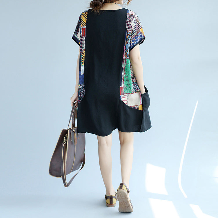 Boutique Black Cotton Shift Dress Dress Big Pockets Patchwork Knee Dresses