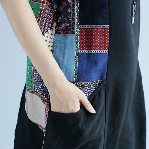 Boutique Black Cotton Shift Dress Dress Big Pockets Patchwork Knee Dresses