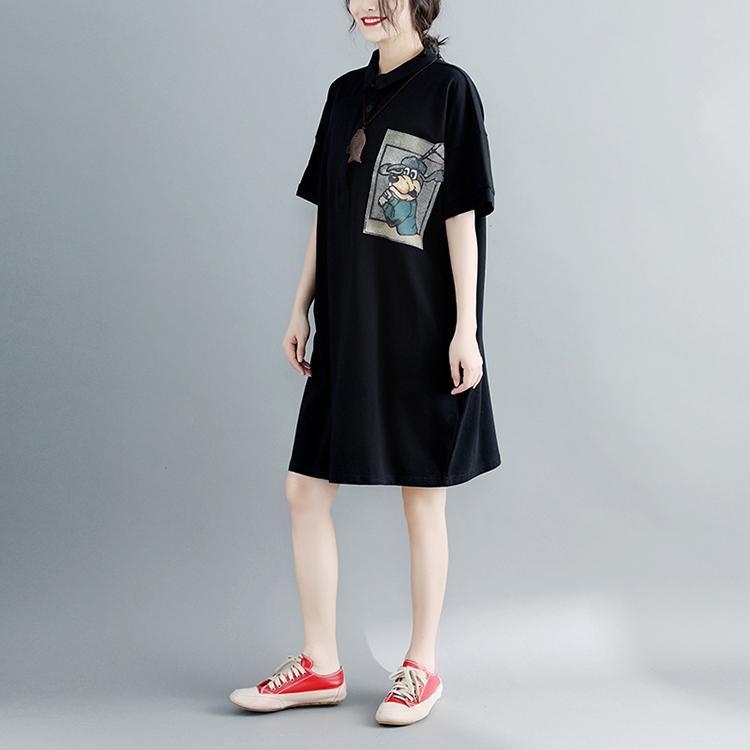 Boutique Black Natural Cotton Dress Oversized Cotton Dress Short Sleeve Turn-down Collar Clothing Dress