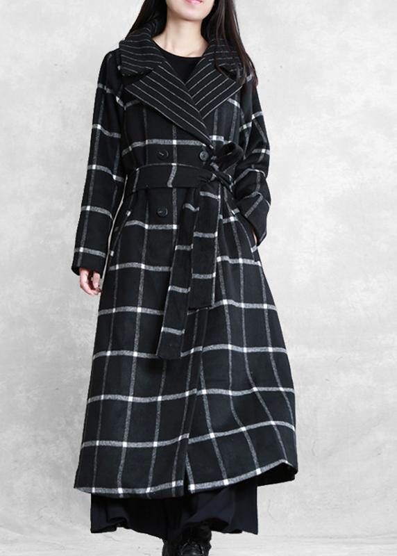 Boutique Black Plaid Wool Coat for Woman Loose Fitting Notched Tie Waist Winter Coat
