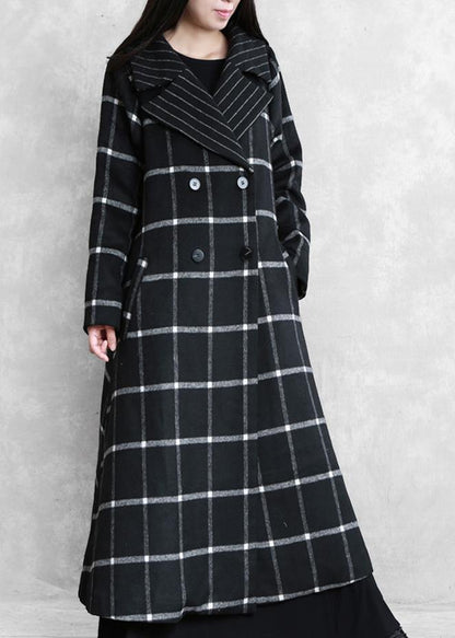 Boutique Black Plaid Wool Coat for Woman Loose Fitting Notched Tie Waist Winter Coat